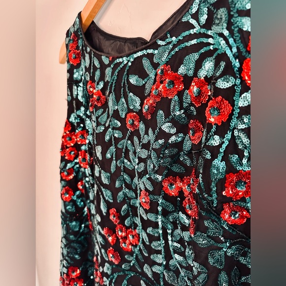 Leslie Fay Sequin Dress Floral Black Red Roses Sleeveless SZ 16 NWT - Picture 4 of 16